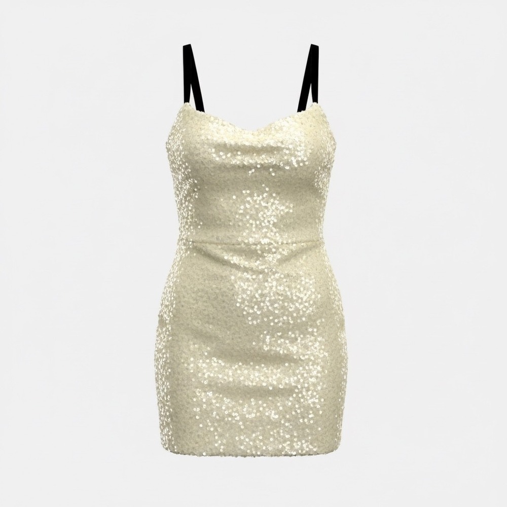 L Academie Sequin Mini Dress Ivory Black Straps Sweetheart Neck Back Zip M